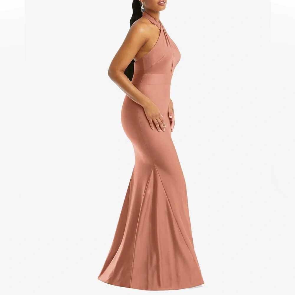 Cynthia & Sahar XIMENA Toasted Sugar CrissCross Halter Satin Mermaid Dress CS112 - Picture 2 of 9